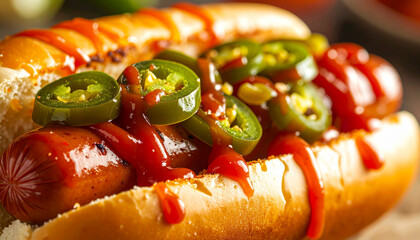 Hot dog topped with jalapeños and ketchup drizzle macro