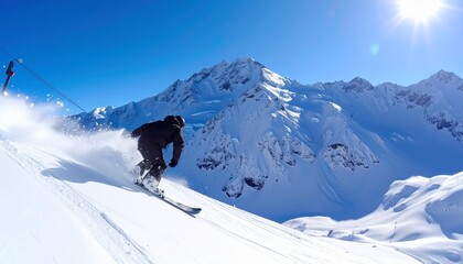 Young snowboarder riding a steep slope snowy mountains, dynamic action shot