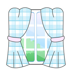 Window with Checkered Blue Curtains and Green View