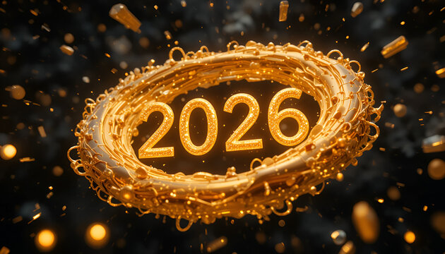 Golden number 2026 surrounded by a swirling ring of gold particles - Powered by Adobe