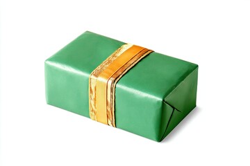 Green gift box wrapped with golden ribbon isolated on white background.