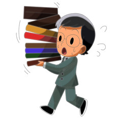 Busy Librarian Carrying Heavy Stack of Books - Overwhelmed Cartoon Character