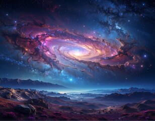 Vivid galactic spiral nebula above a mountainous alien landscape