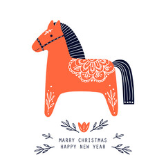 Marry christmas and Happy New Year card 2026 with red horse. Vector