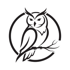 Fototapeta premium Stylized Owl Silhouette Perched On A Branch Inside A Circle bird animal