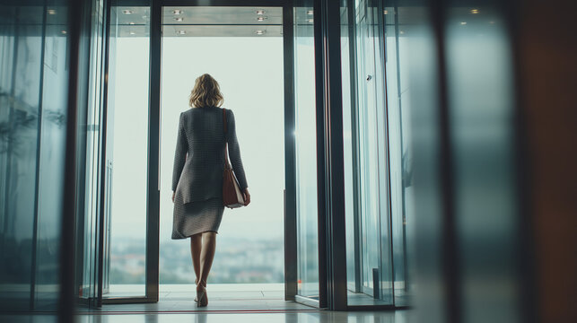 Businesswoman exiting modern glass elevator in office building, Concept of corporate lifestyle
