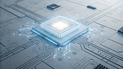 Glowing AI Processor Surrounded by Electronic Circuits
