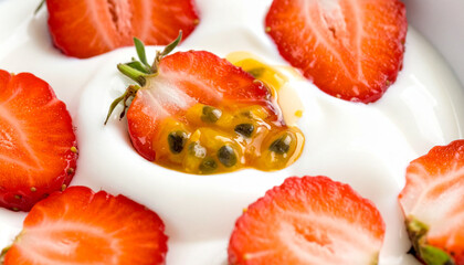 Yogurt topped with passion fruit pulp and fresh strawberry slices, macro close-up