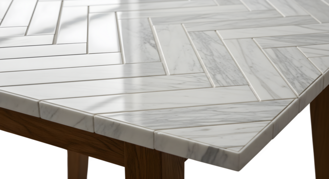 Marble table with herringbone pattern isolated on transparent background