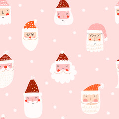 Santa claus faces with hats and snowflakes pattern for holiday design. Vector