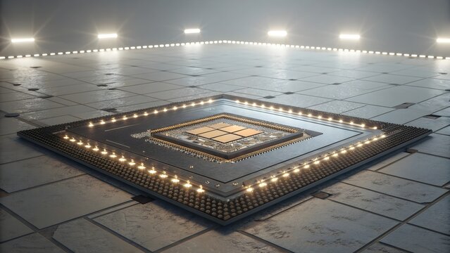 Illuminated AI Quantum Grid Chip in Realistic Perspective