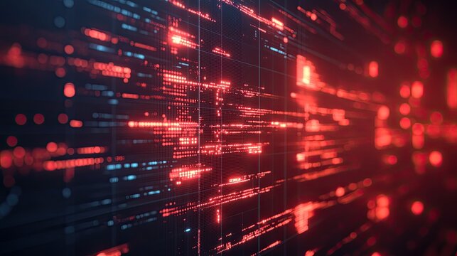 Dynamic red data streams pulsing across a modern network grid, ideal for tech innovation or futuristic concepts in a visually striking way, digital abstraction