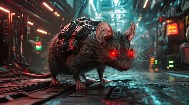 Cyberpunk rat with glowing red eyes exploring futuristic cityscape, a gritty and compelling concept for sci-fi enthusiasts and edgy advertising campaigns
