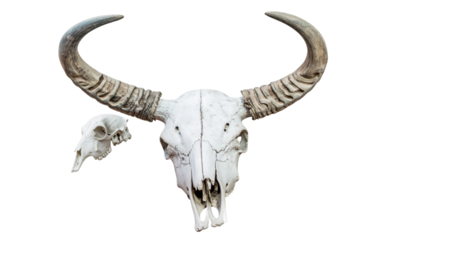 Pair of weathered animal skulls with horns, isolated on transparent background