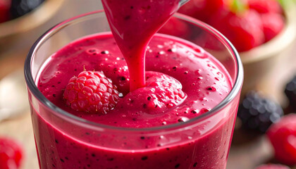 Berry smoothie being poured into glass, macro texture close-up
