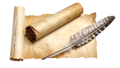  Pair of vintage scrolls with quills, isolated on transparent background