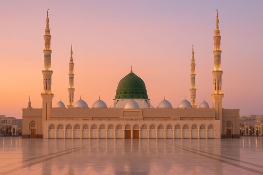 Symmetrical Wide Shot of Al-Masjid an-Nabawi Domes and Minarets, madina