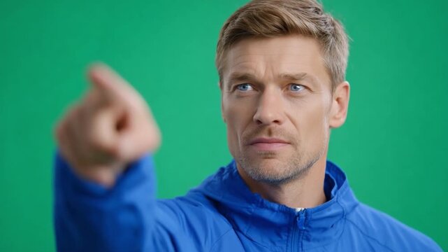 Directed Focus: A determined individual with a focused gaze and assertive posture, extending an index finger towards a point of interest against a vivid green backdrop.