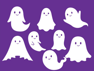 A collection of seven cute, cartoon-style white ghosts with smiling faces against a solid purple background.