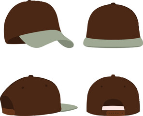 Four views of a brown baseball cap with a light gray brim, showcasing front, back, side, and angled perspectives.