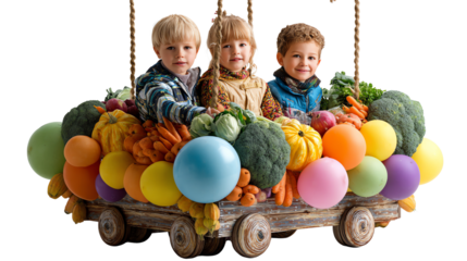 Whimsical Harvest Ride: Three adorable children joyfully ride atop a charming wagon overflowing with a vibrant bounty of fresh produce, exuding innocence and the essence of harvest season.