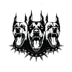 vintage style black and white illustration of three fierce Doberman dogs with sharp teeth