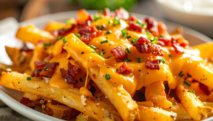 Chili cheese fries topped with melted cheddar and bacon bits macro close-up