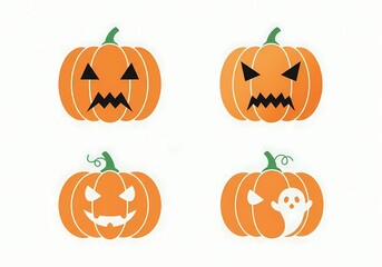 Four halloween carved pumpkins with different spooky faces isolated on white background