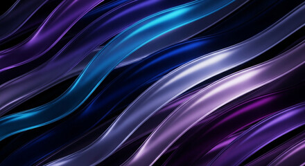 Abstract flowing ribbons of iridescent blue, purple, and teal against a dark background, creating a sense of motion and depth