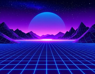 Synthwave landscape, neon grid with mountain silhouette and glowing orb