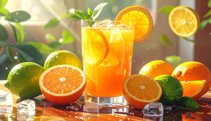 Citrus medley juice with orange, lime, and lemon slices, fresh close-up