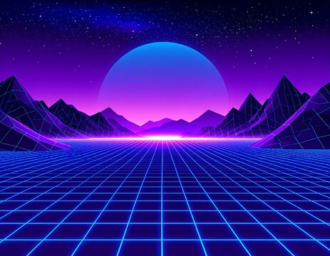 Synthwave landscape, neon grid with mountain silhouette and glowing orb - Powered by Adobe