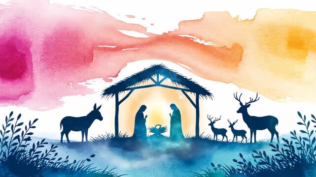Watercolor Nativity Scene Depicting the Birth of Jesus Christ.
