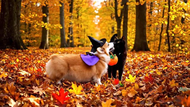 Adorable Corgi and Black Cat in Halloween Costumes in Autumn Forest.