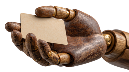 Business card held by wooden hand: A classic wooden hand holds a blank business card, with a light tan hue, creating a space for your message or design, representing connection and professionalism.