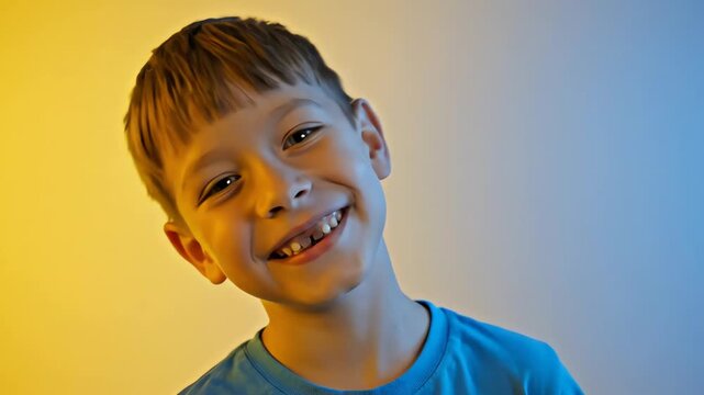 Smiling Boy Portrait with Missing Teeth in Studio Setting