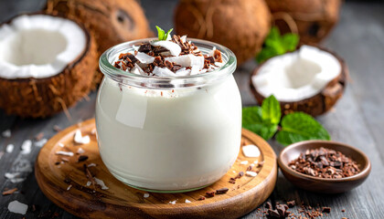 Yogurt topped with roasted coconut flakes and cacao nibs macro