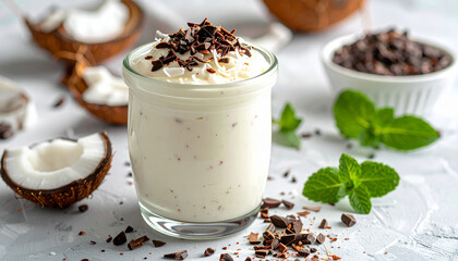 Yogurt topped with roasted coconut flakes and cacao nibs, macro close-up