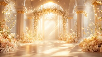 Ceremony archway decorated with flowers in a bright palace for event background