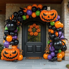 Halloween doorway decoration with balloons and pumpkins
