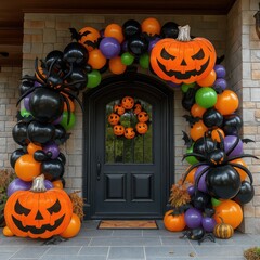 Halloween doorway decoration with balloons and pumpkins