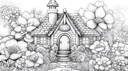 Line art of house in floral setting for coloring book or fantasy illustration