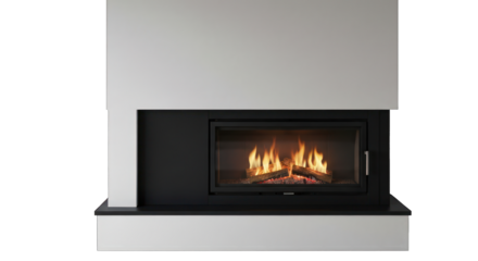 Modern fireplace with flames in black and white surround