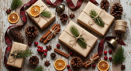 A rustic arrangement of Christmas gifts wrapped in brown paper, adorned with pine sprigs, cinnamon sticks, dried oranges, and cranberries, set against a weathered wooden background.