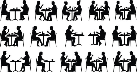 Silhouettes of people sitting together at tables in restaurant or cafe, dining, drinking, talking, and eating in casual social settings