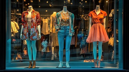 Stunning spring fashion collection displayed in upscale boutique window, enticing shoppers with vibrant colors and trendy designs for the new season, shop now!
