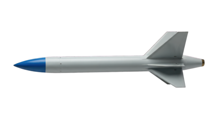 Missile Sleek white missile with blue nose and aerodynamic fins against black background