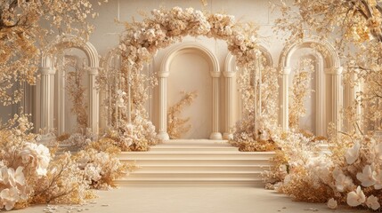 Elegant floral archway in classical setting, wedding ceremony backdrop, romantic ambiance