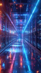 Abstract Digital Corridor with Neon Lights and Glowing Servers