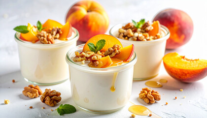 Yogurt with peach slices and chopped walnuts, honey droplets macro close-up